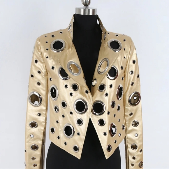 Gold Faux Leather Jacket With O Gold Hardware - Picture 6 of 7